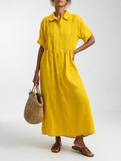 Vestido camisero largo Alba de Luna Sanz en amarillo, tejido transpirable