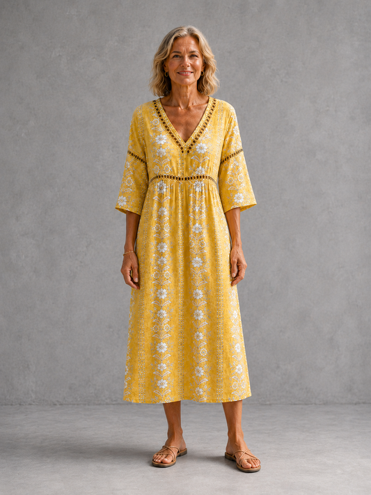 Lucía | Vestido Midi Floral Amarillo Suave