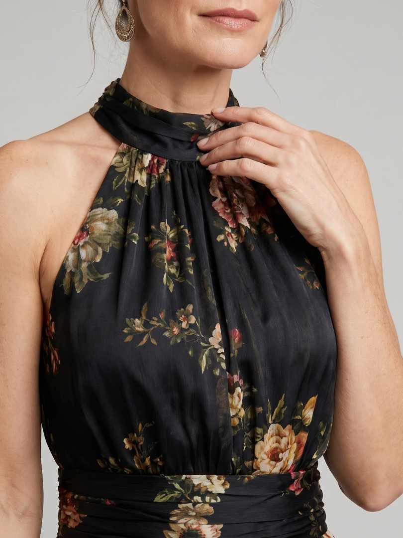 Vestido midi floral negro de tejido ligero, vista lateral