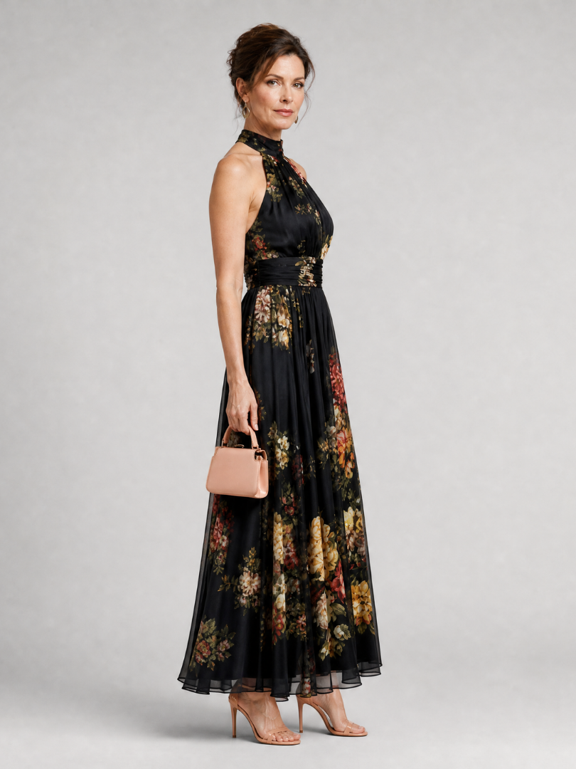 Vestido midi negro con estampado floral all-over, vista trasera