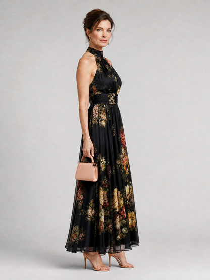 Vestido midi negro con estampado floral all-over, vista trasera