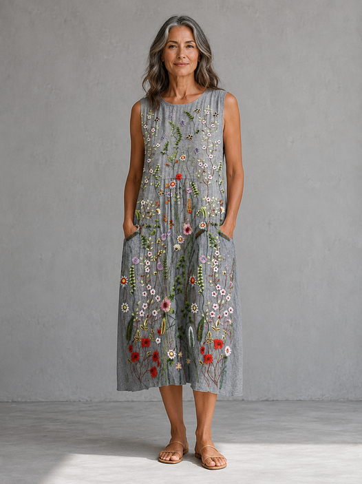 Aria | Vestido Midi Cómodo Gris Floral